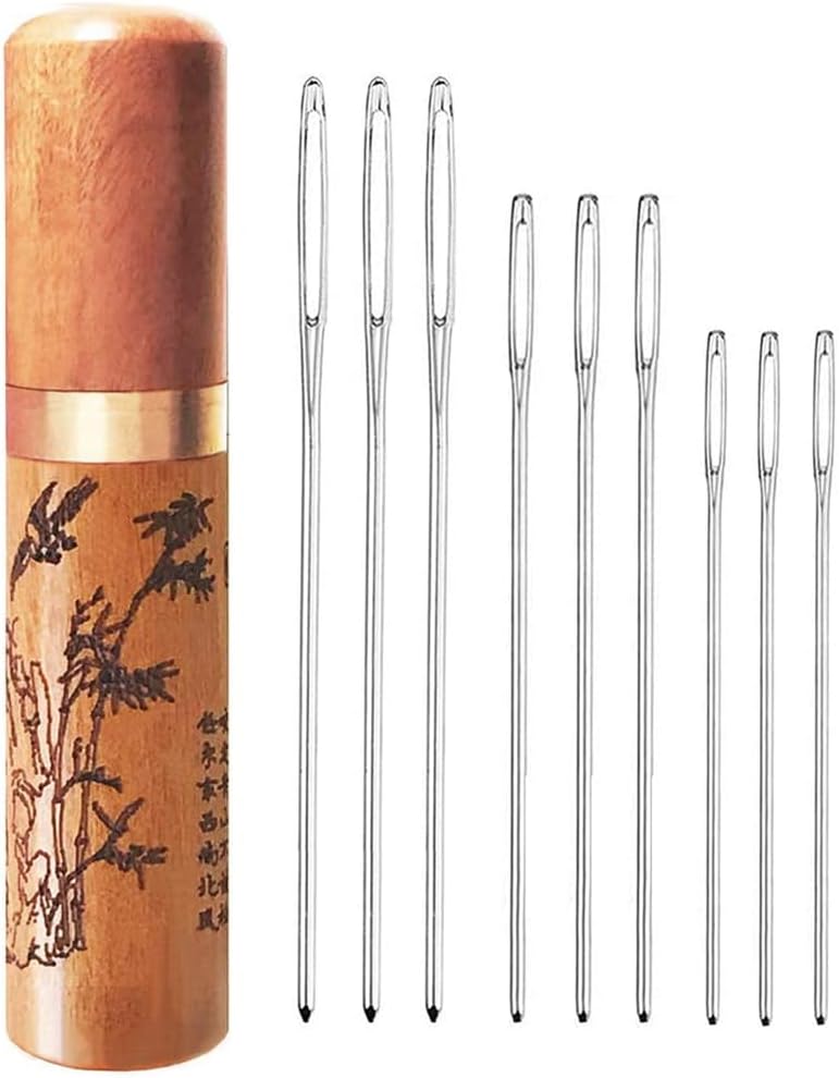 ECROCY Large Eye Blunt Needles, Stainless Steel Tapestry Needle, Yarn Knitting Needles, Darning Needle with Wooden Needle Case Carving Pattern - Image 1